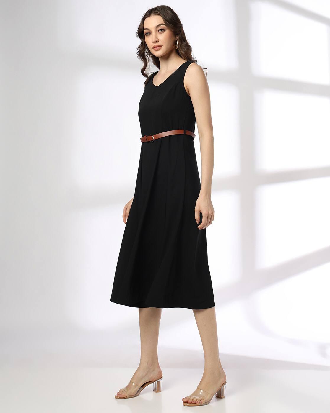 Women V-Neck Fit & Flare Dress with Belt