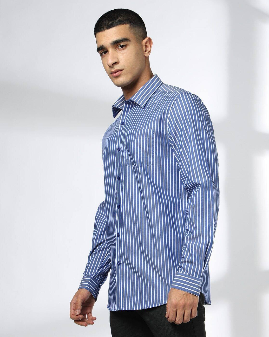 Men Striped Slim Fit Cotton Shirt with Patch Pocket