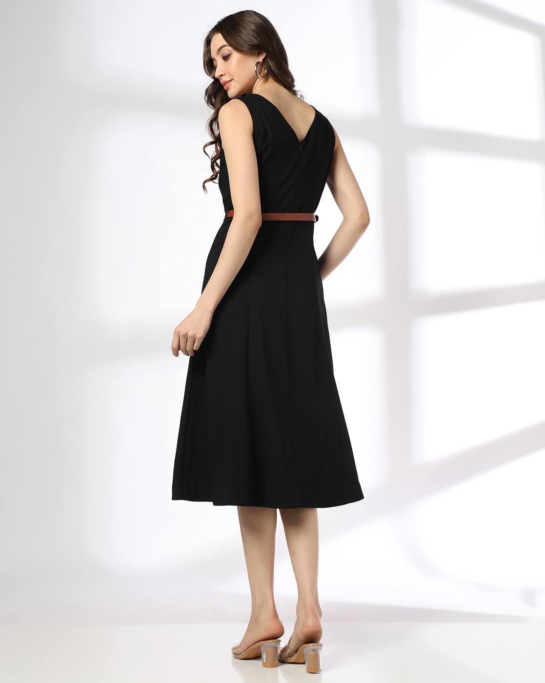 Women V-Neck Fit & Flare Dress with Belt