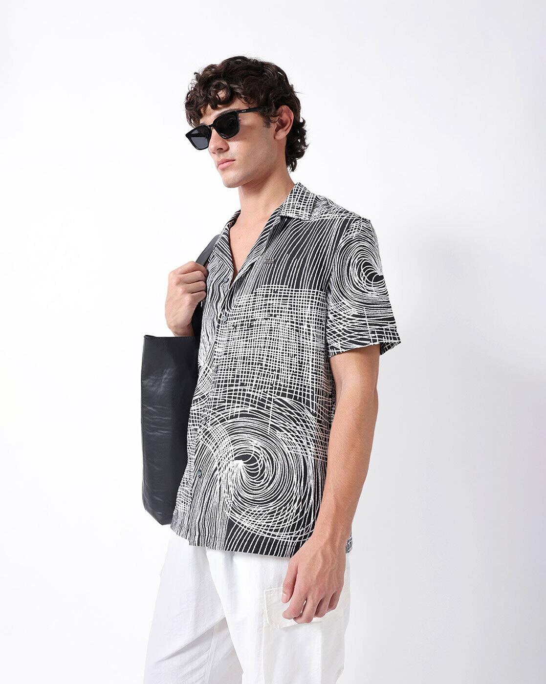 Men Relax Fit Abstract Printe, BLACK, XL
