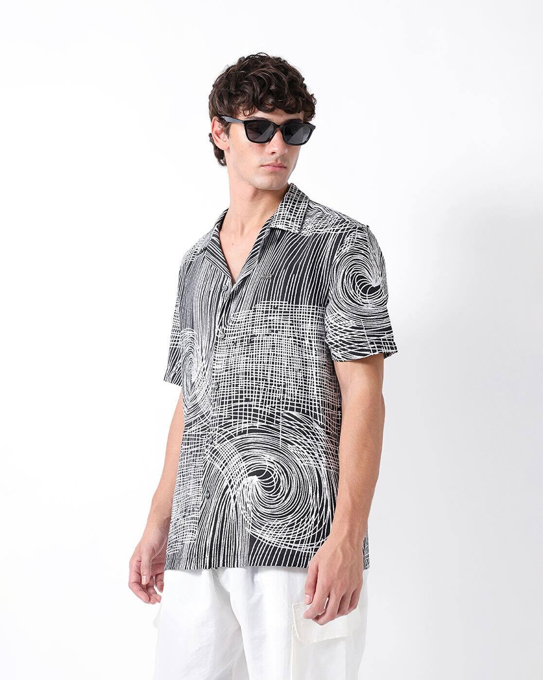Men Relax Fit Abstract Printe, BLACK, XL