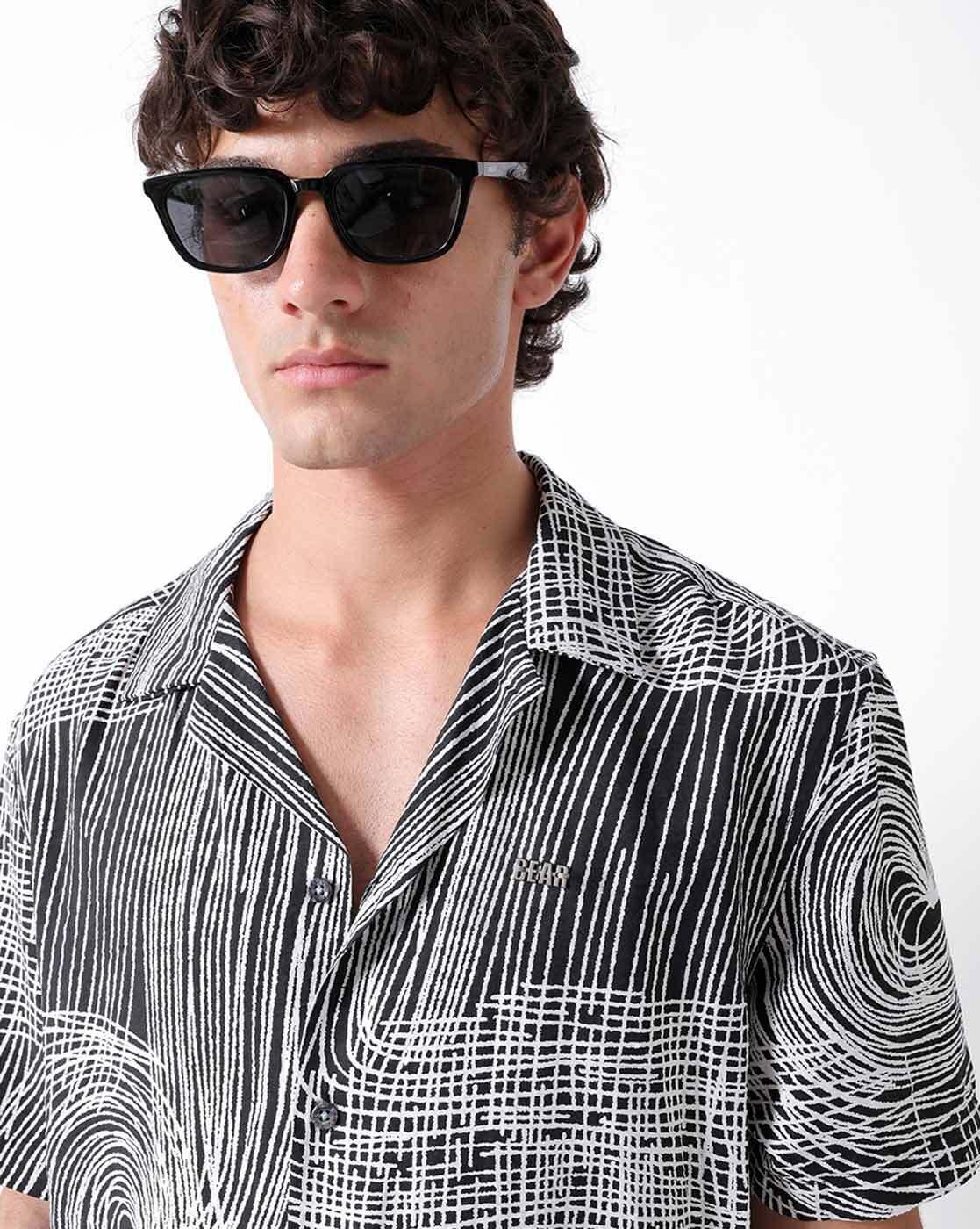 Men Relax Fit Abstract Printe, BLACK, XL