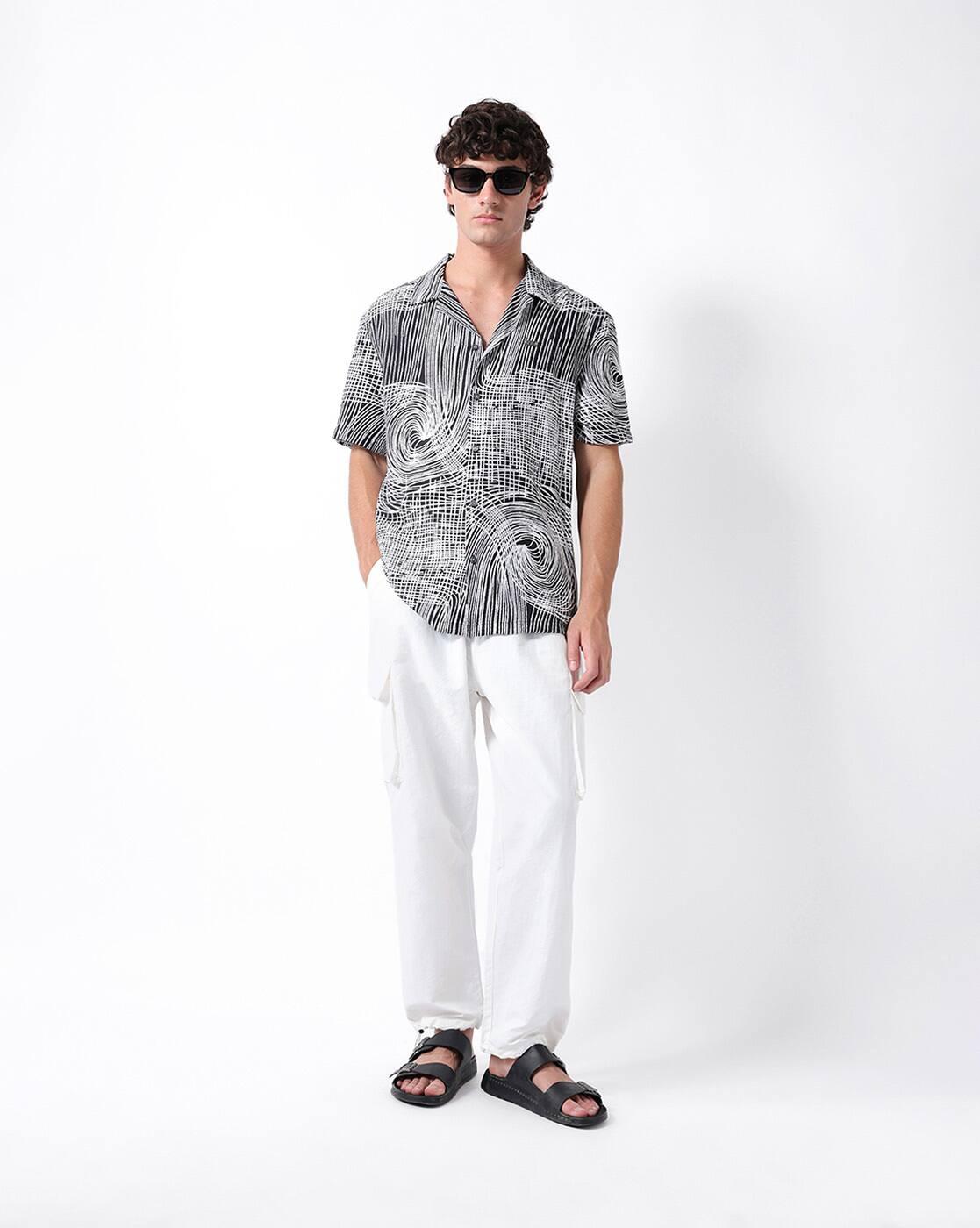 Men Relax Fit Abstract Printe, BLACK, XL
