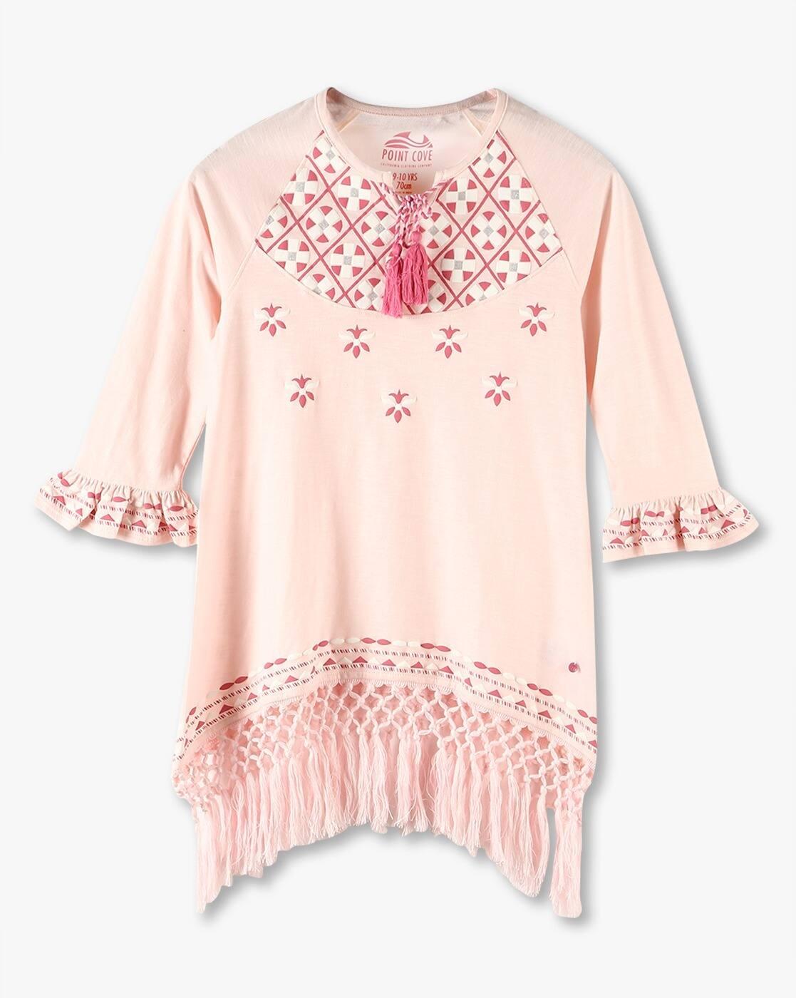 Girls Embroidered Relaxed Fit Top with Tassels