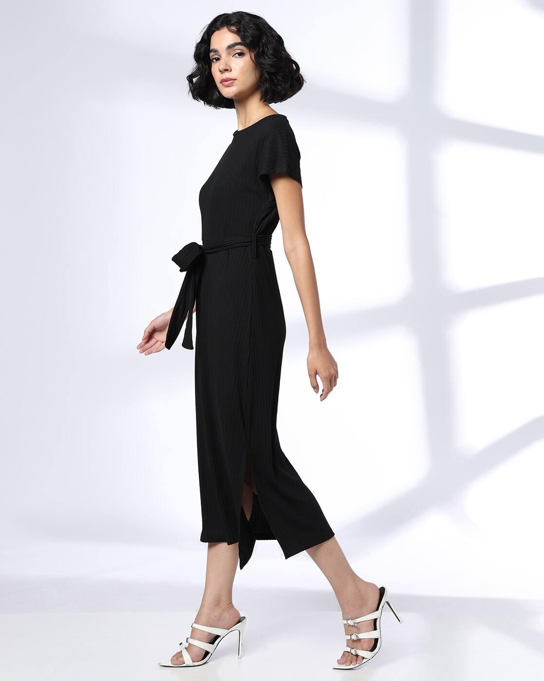 Women Ribbed A-Line Dress with Waist Tie-Up