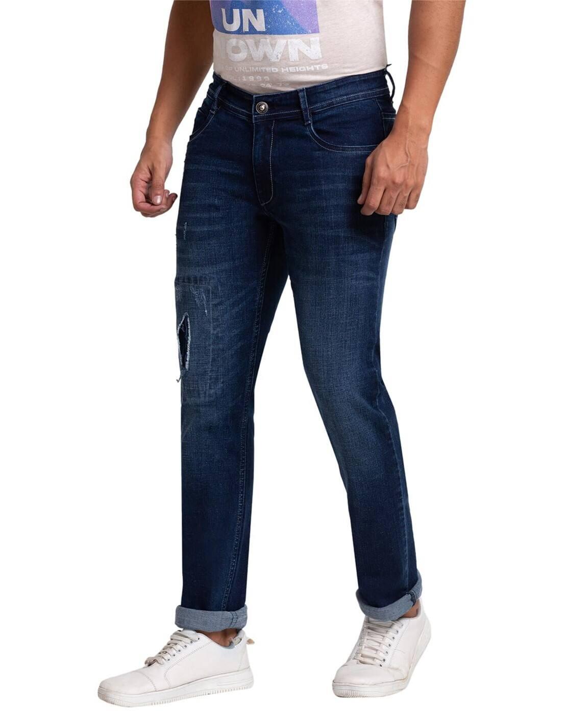 Men Stone Washed Distressed Skinny Cropped Fit Jeans