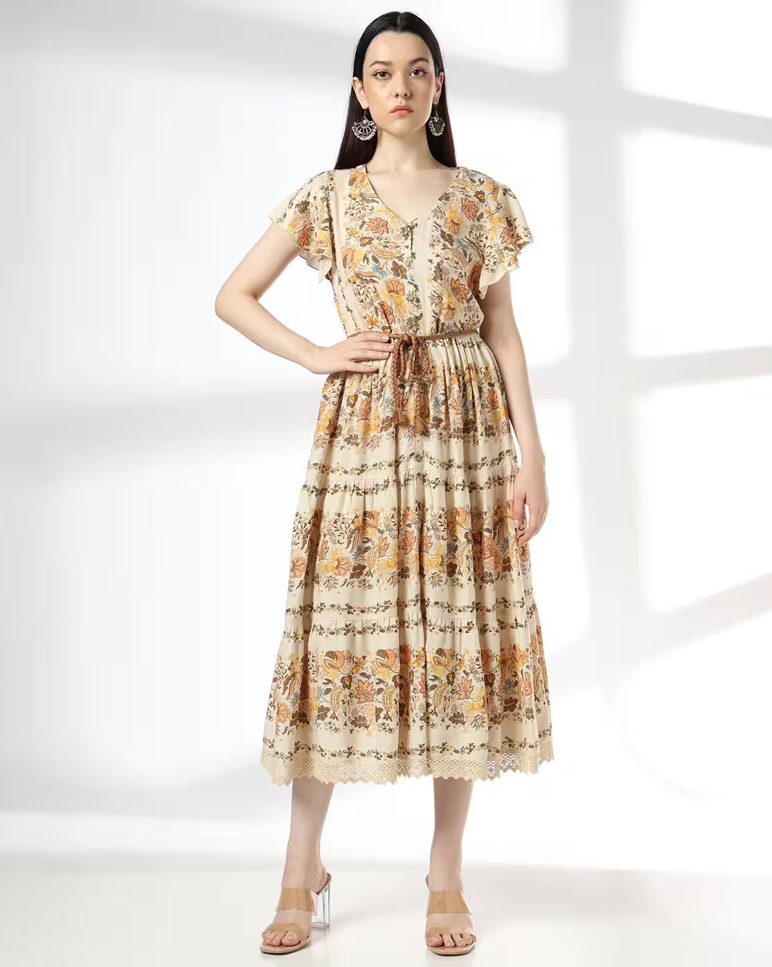 Women Floral Print V-Neck Tiered Dress