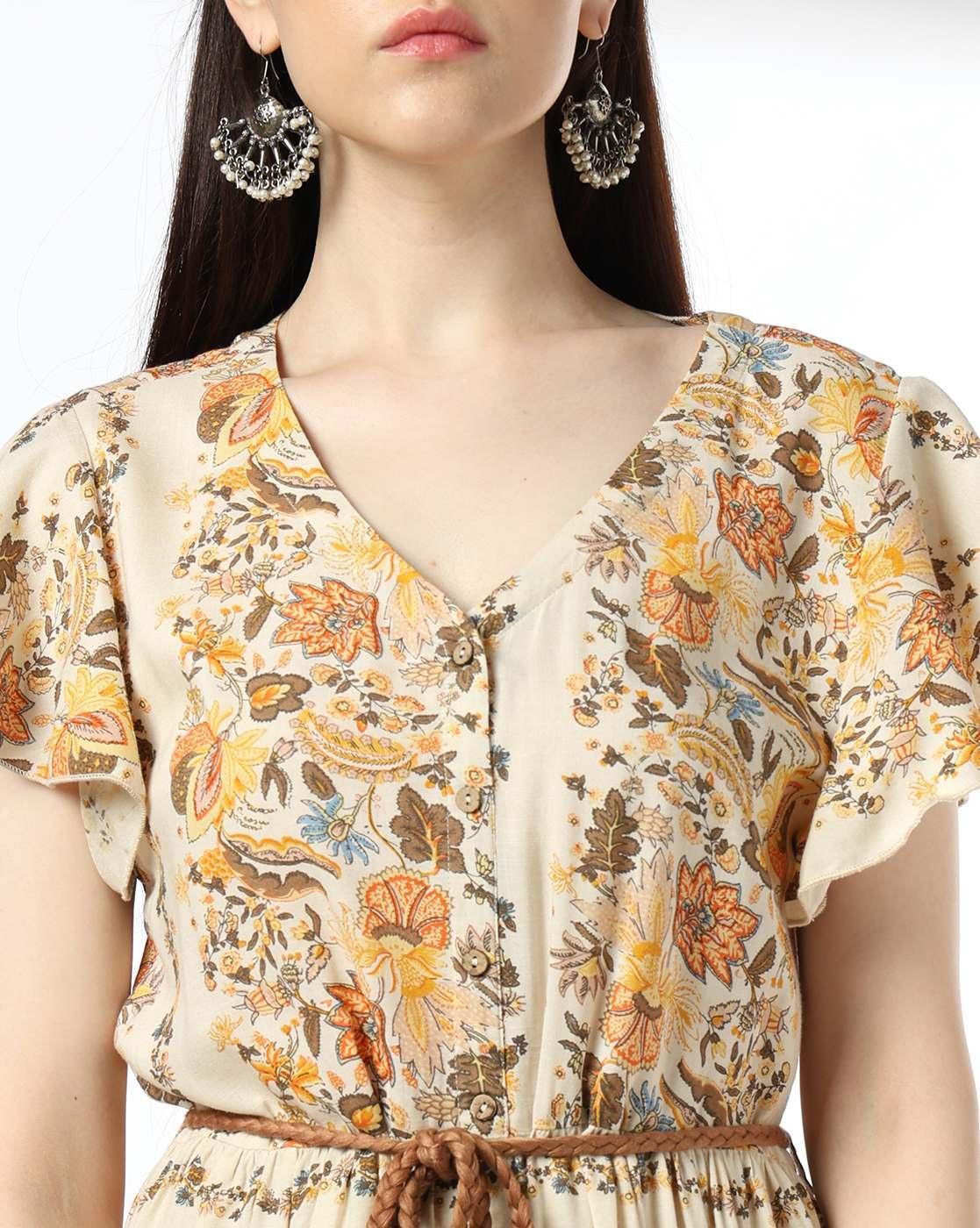 Women Floral Print V-Neck Tiered Dress