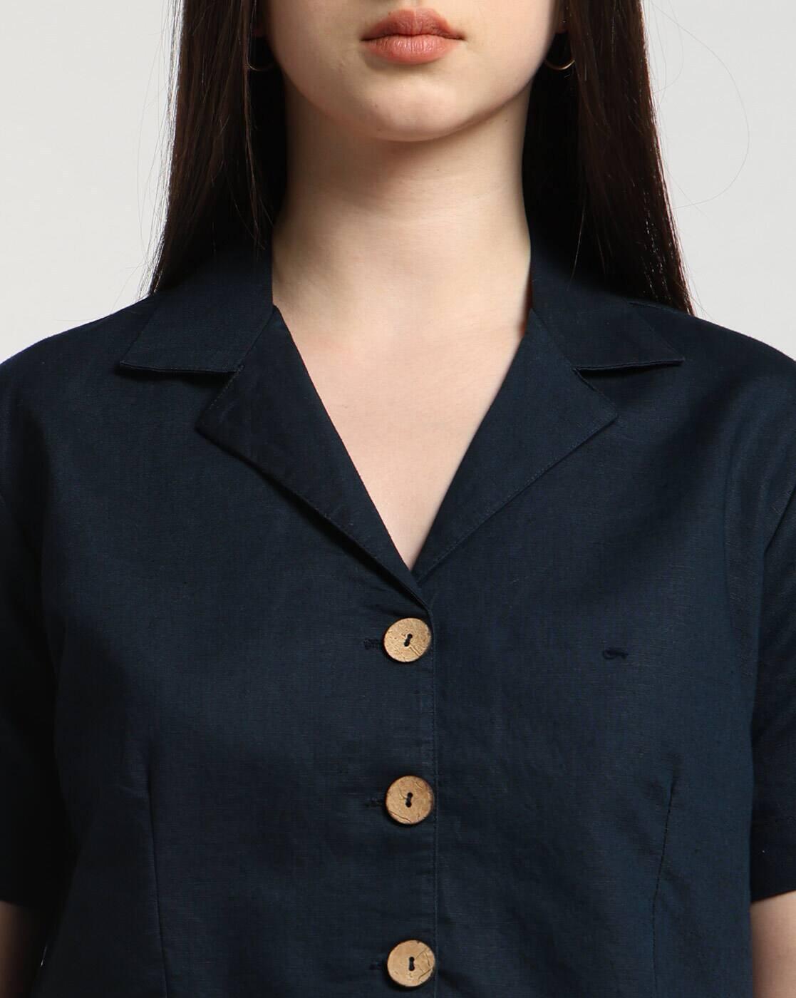 Women Linen Blend Cropped Shirt