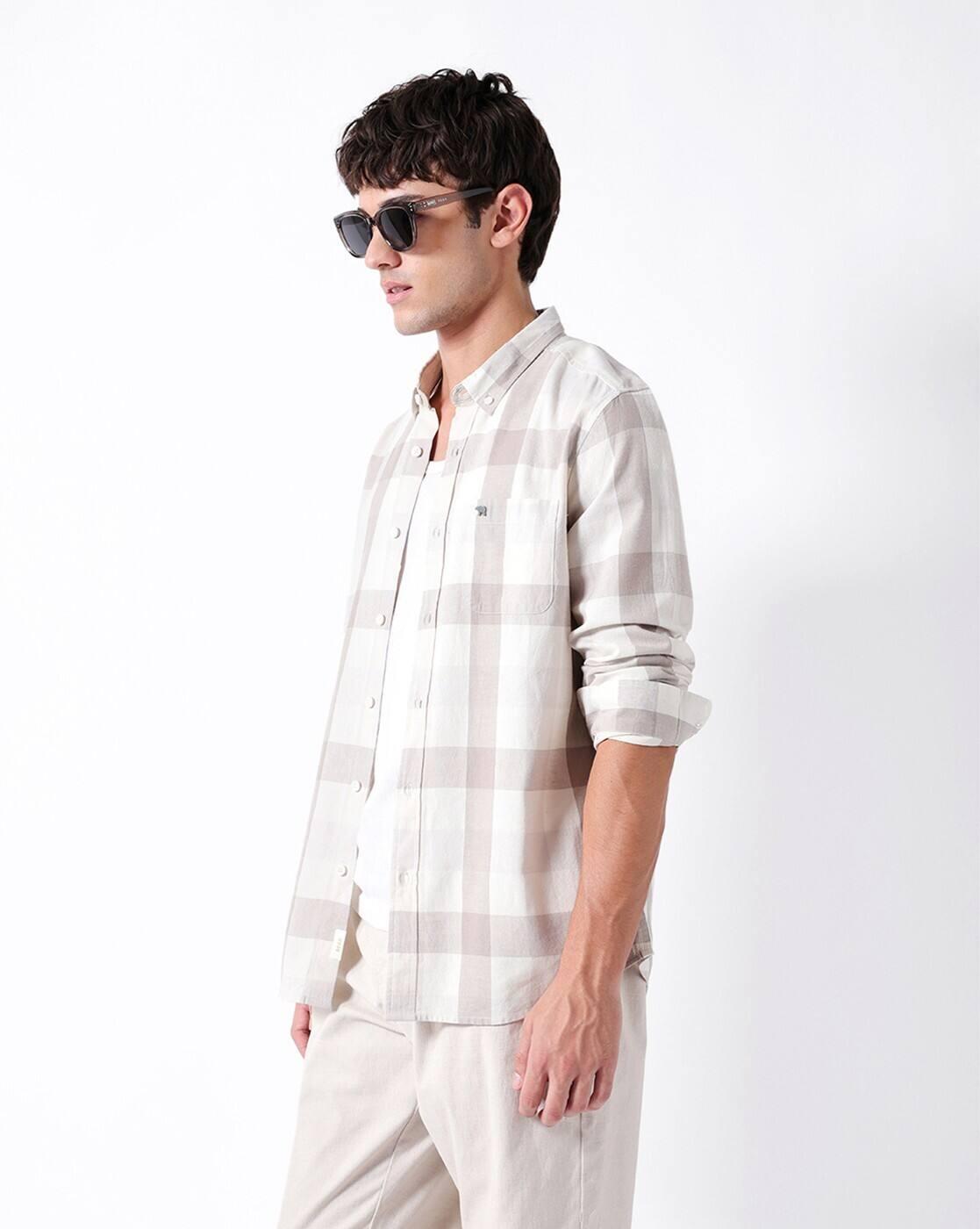 Men Cotton Linen Checked Slim, BEIGE, XL