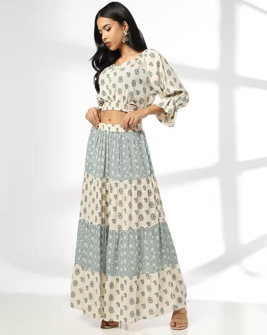 Women Floral Print Crop Top & Skirt Set