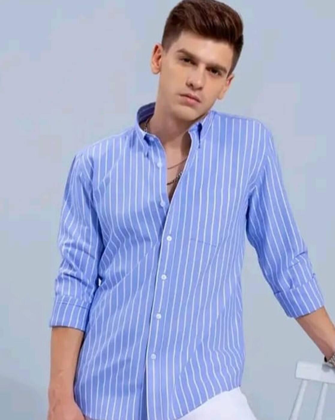 Men Striped Regular Fit Shirt with Curved Hem