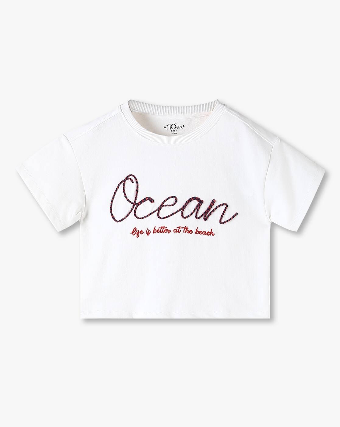 Girls Embroidered Boxy Fit Round-Neck T-Shirt
