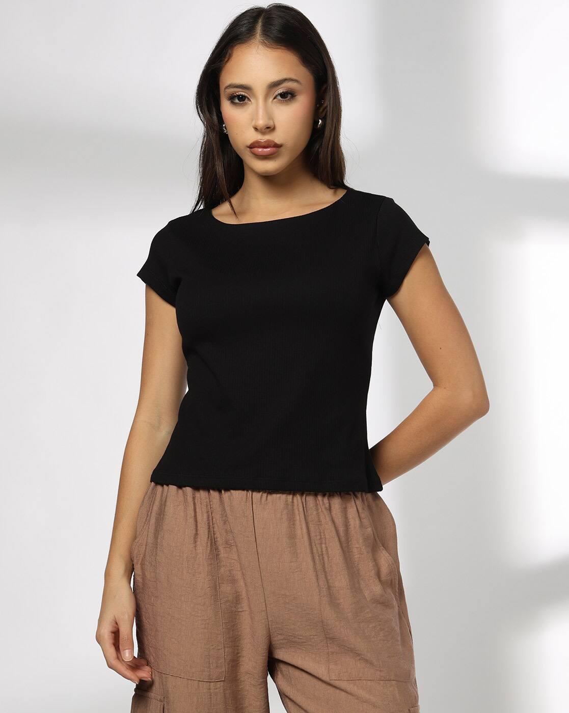 Women Ribbed Regular Fit Round-Neck T-Shirt