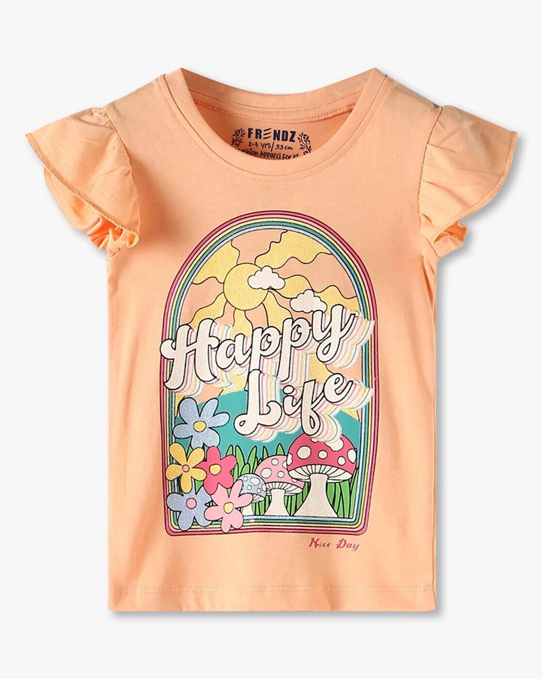 Girls Happy Life Print Regular Fit Round-Neck T-Shirt