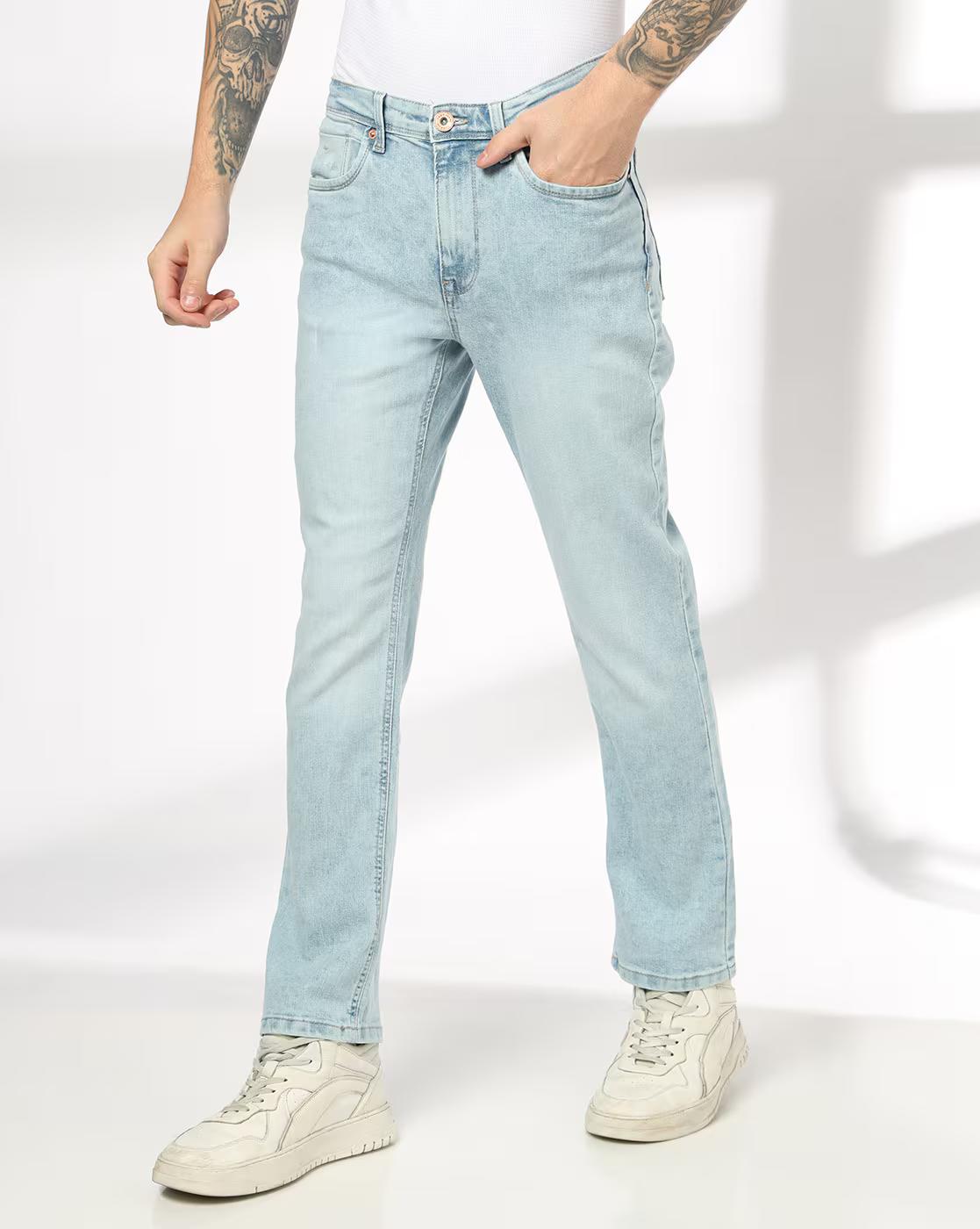 Men Heavily Washed Straight Jeans
