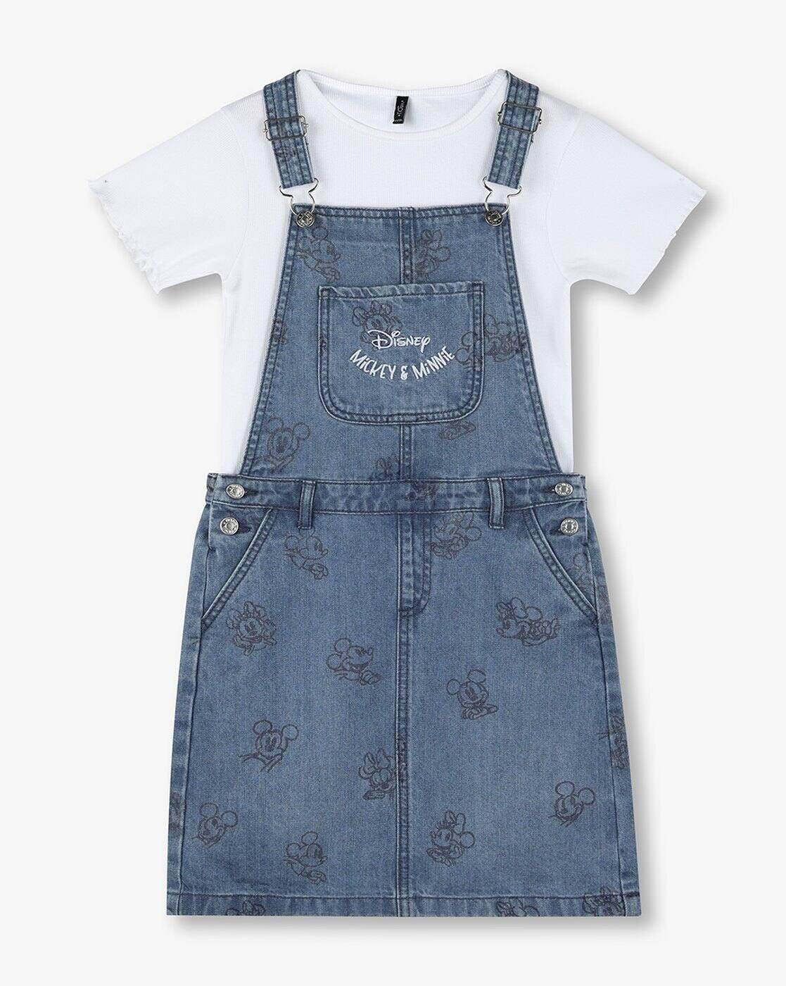 Girls Minnie Mouse Print Dungaree Dress & T-Shirt Set