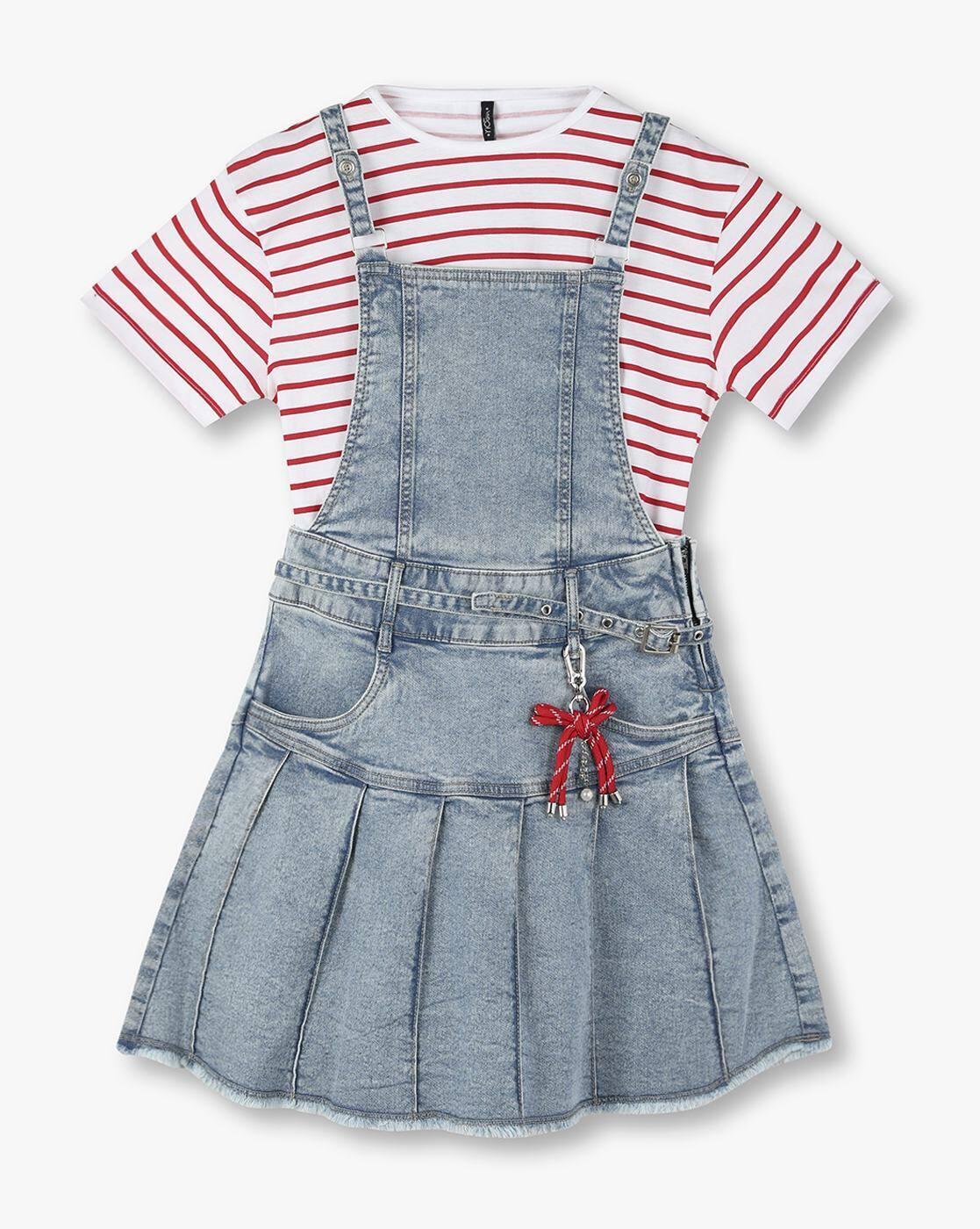 Girls Mid-Wash Dungaree Dress with T-Shirt