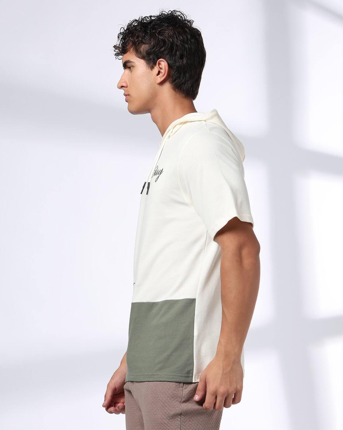 Men Colourblock Regular Fit Hooded T-Shirt