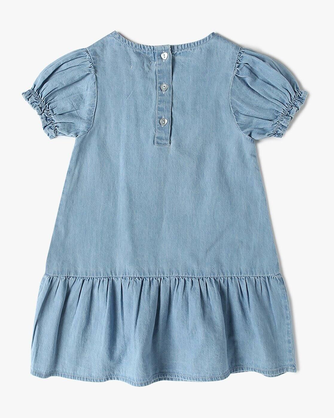 Girls Washed Denim Tiered Dress