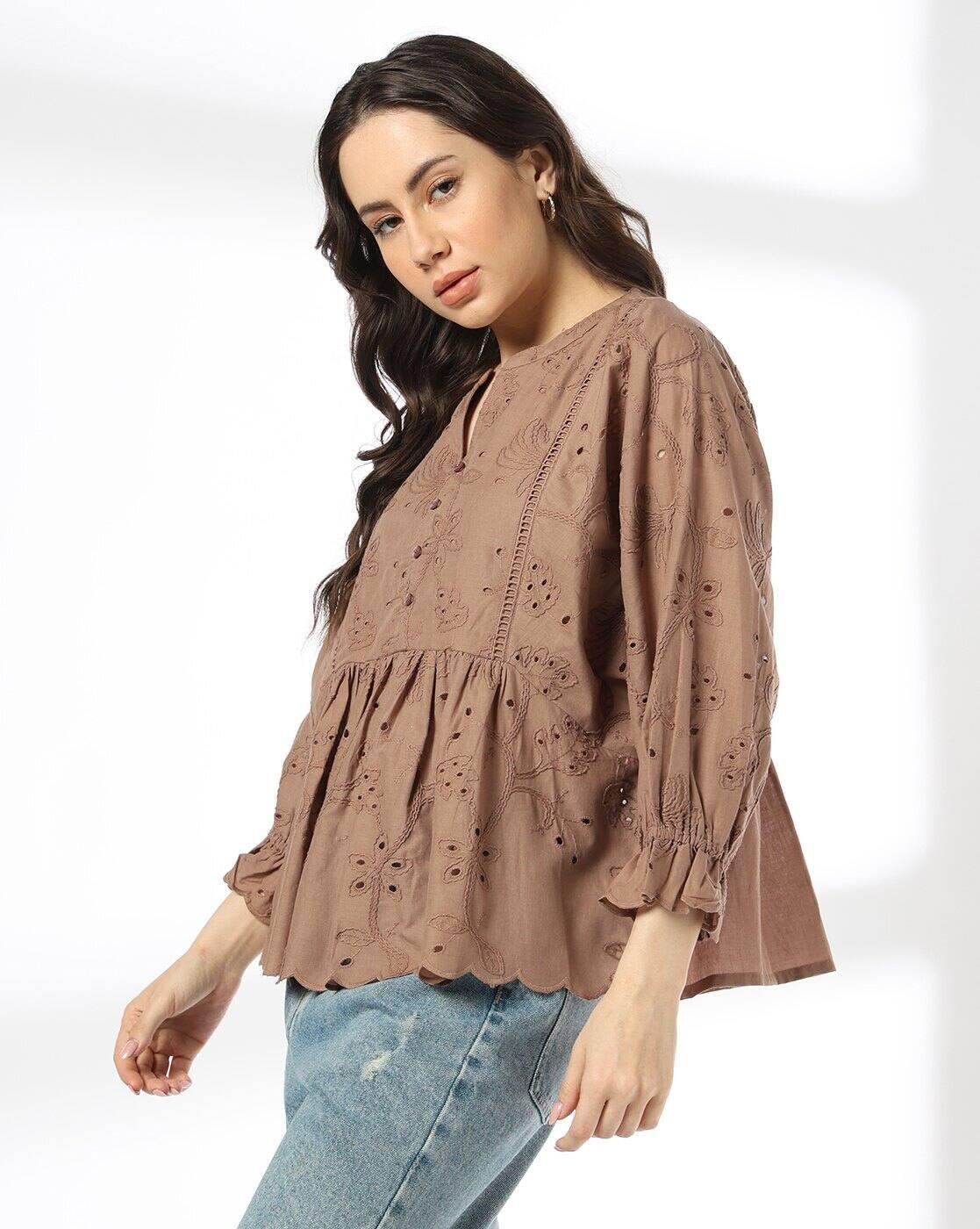 Women Y-Notch Embroidered Peplum Top