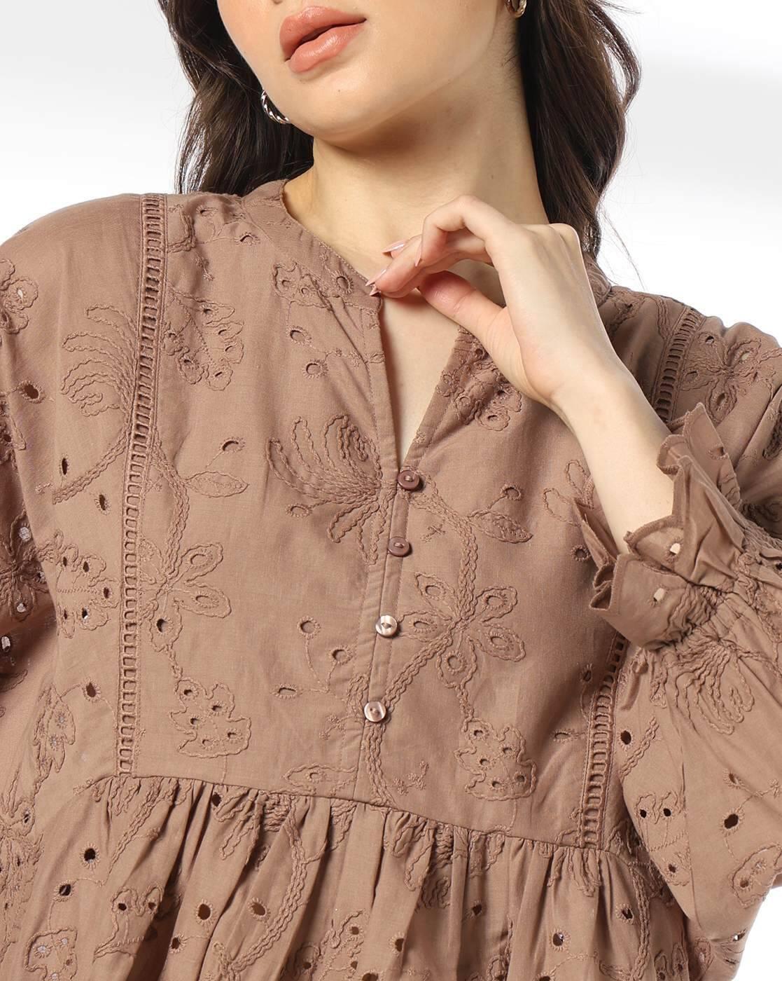 Women Y-Notch Embroidered Peplum Top