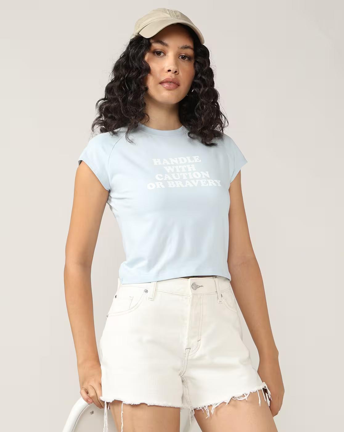 Women Typographic Print Regular Fit Crew-Neck T-Shirt