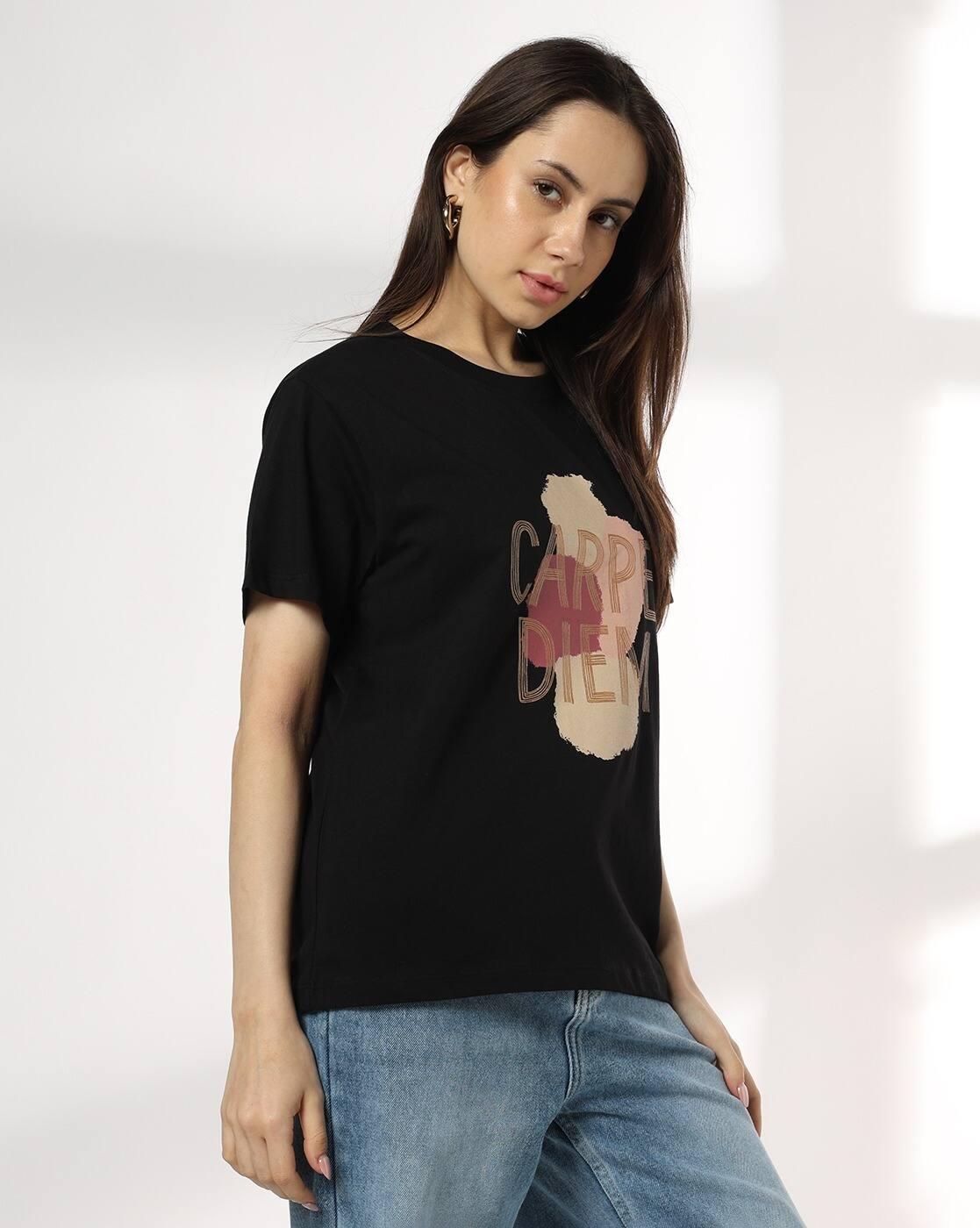 Women Typographic Print Boxy Fit Crew-Neck T-Shirt