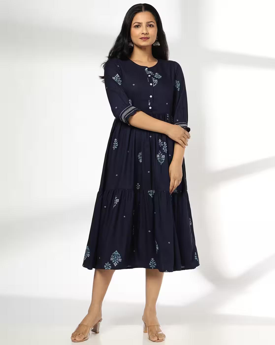 Women Floral Print Fit & Flare Dress with Waist Tie-Up