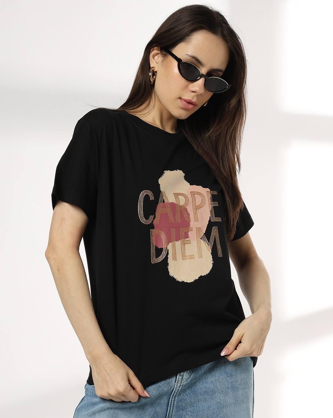 Women Typographic Print Boxy Fit Crew-Neck T-Shirt