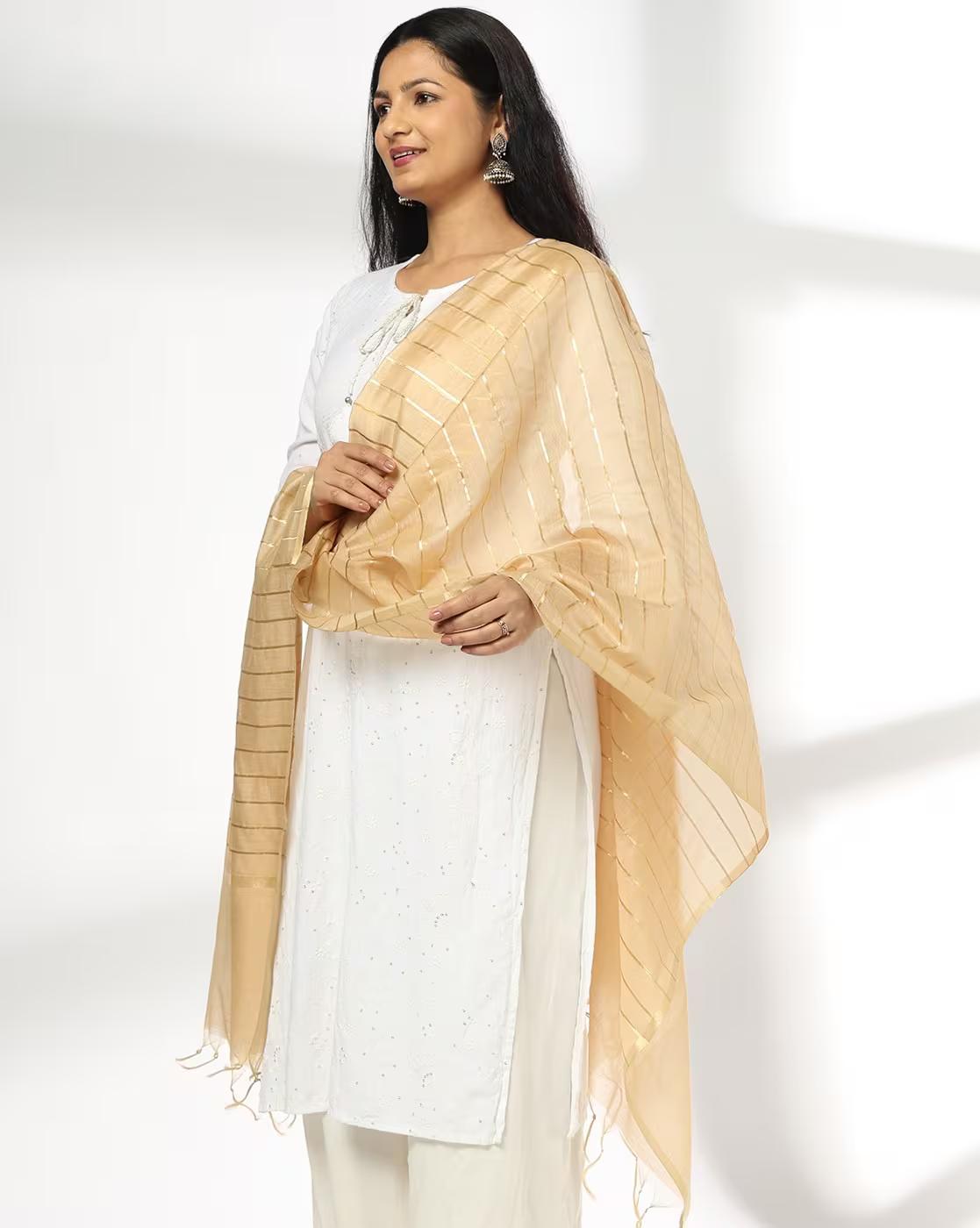 Women Striped Dupatta with Tassels