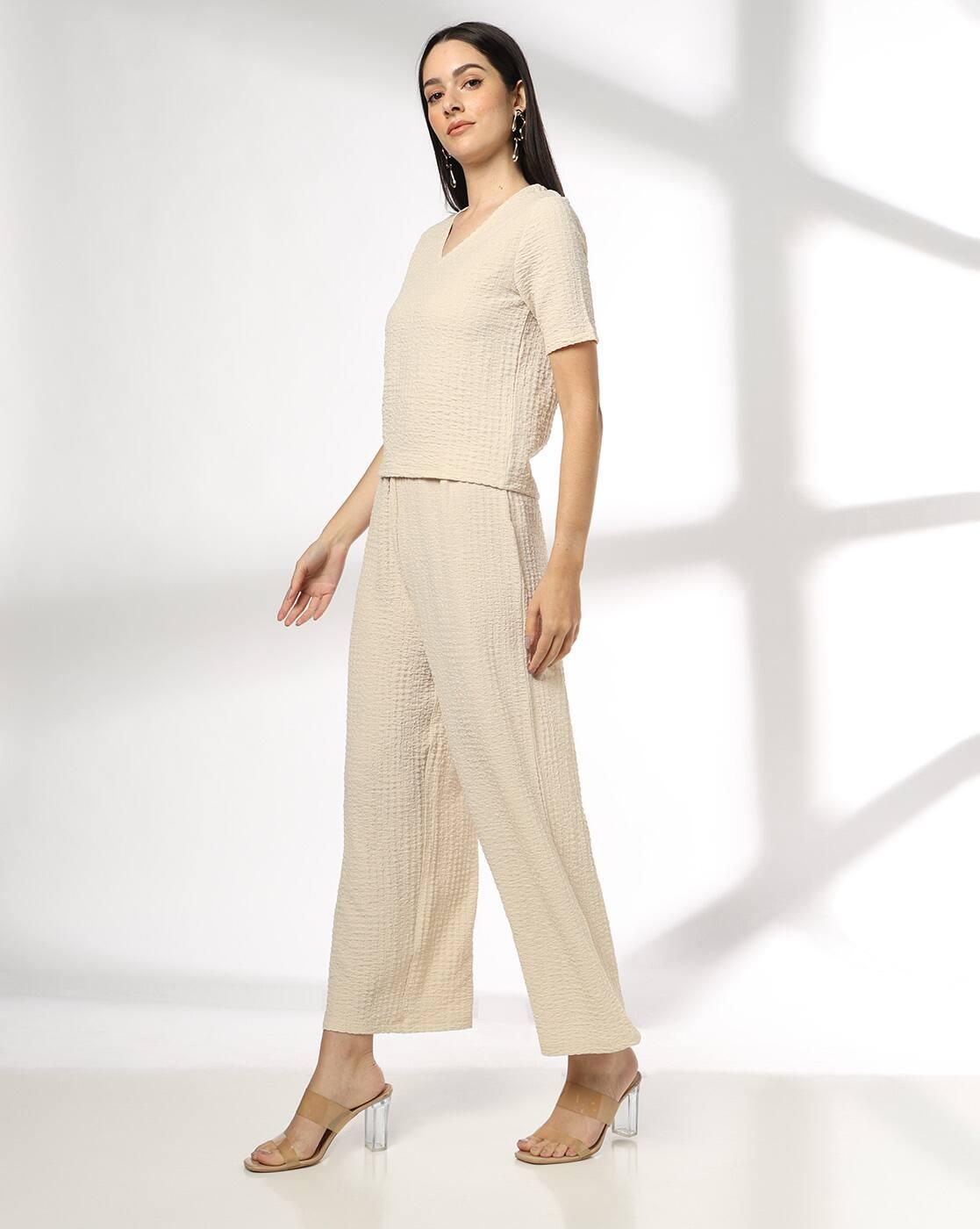 Women V-Neck Top & Cropped Trousers Co-Ord Set