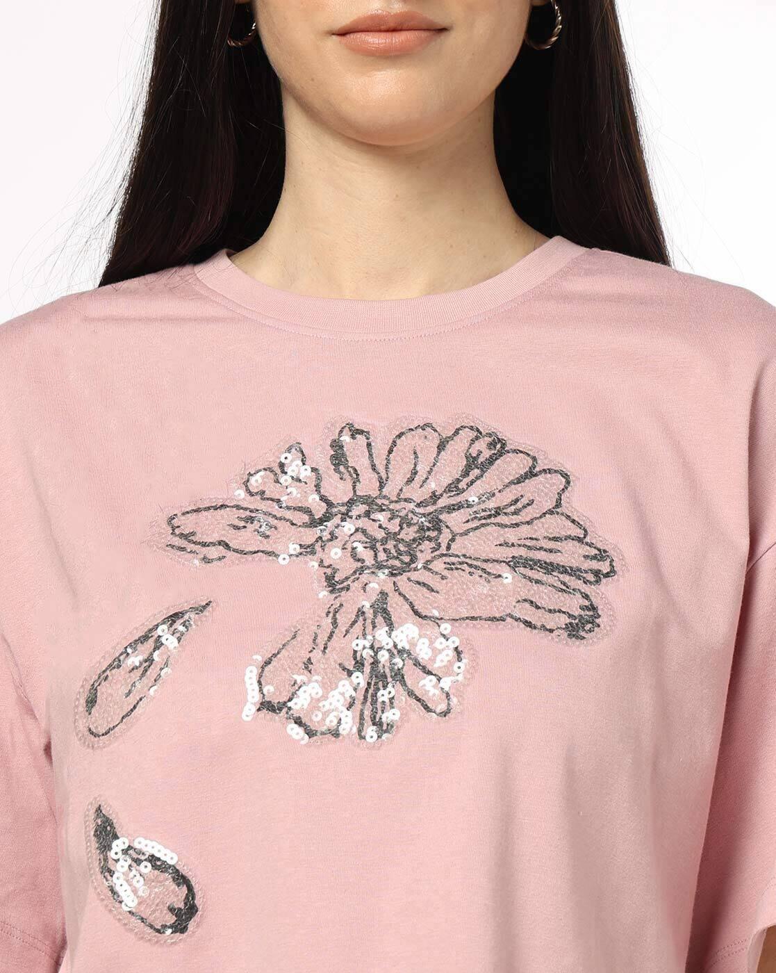 Women Embellished Relaxed Fit Crew-Neck T-Shirt