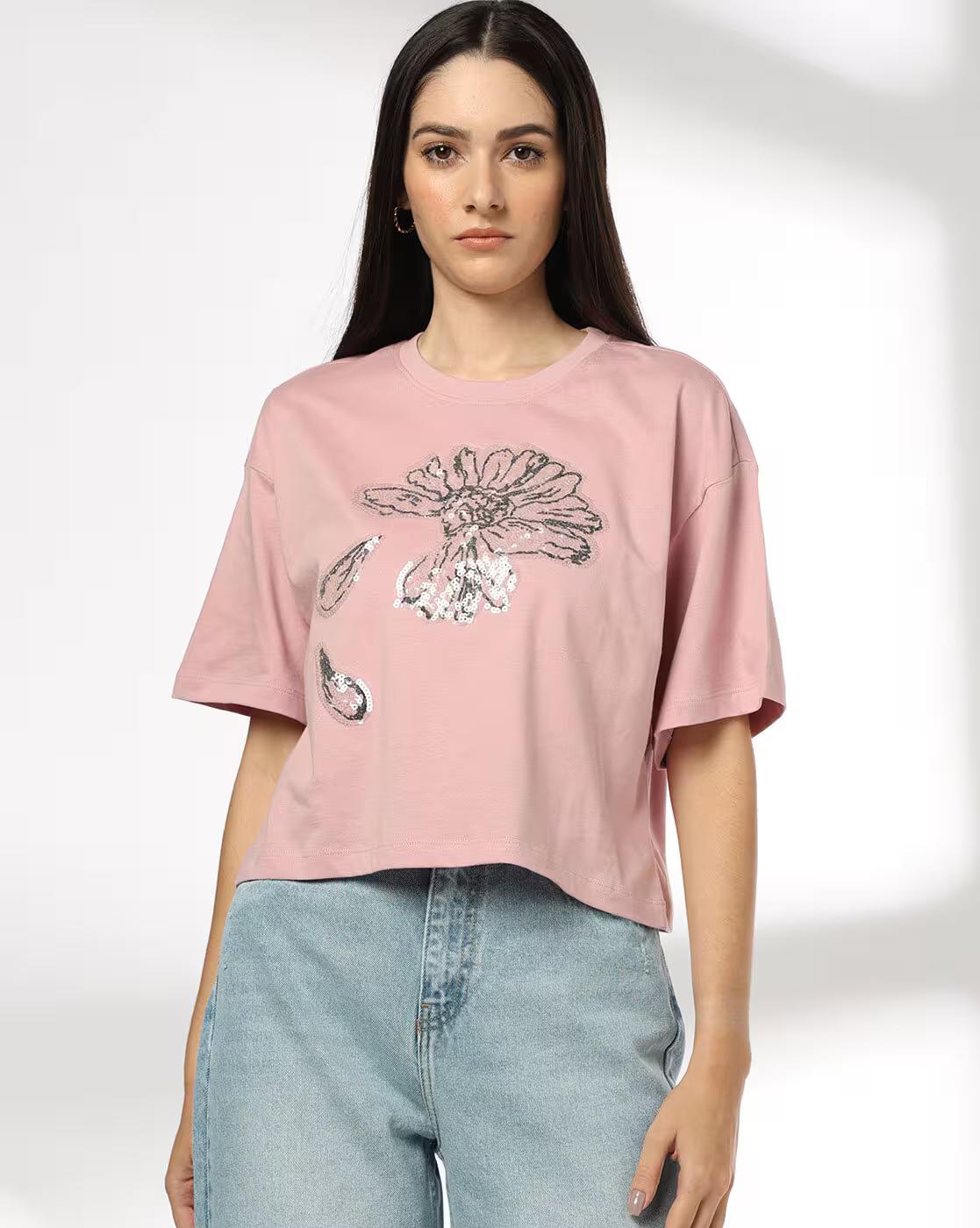 Women Embellished Relaxed Fit Crew-Neck T-Shirt