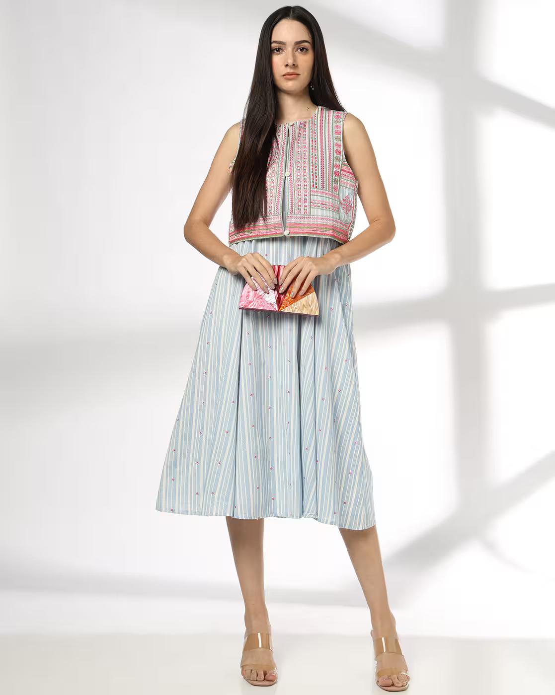 Women Fit & Flare Dress with Embroidered Jacket