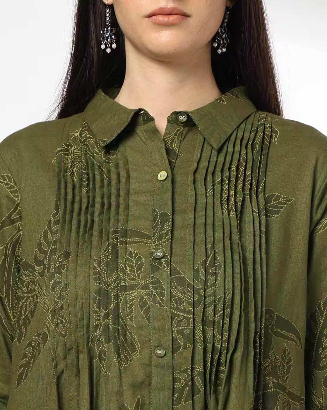 Women Leaf Print Pleated Flared Kurta