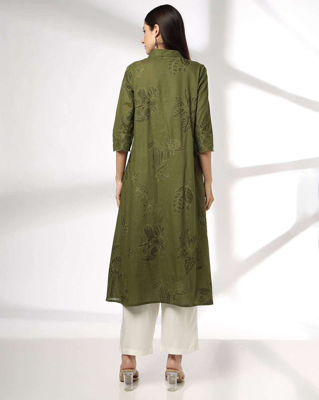 Women Leaf Print Pleated Flared Kurta