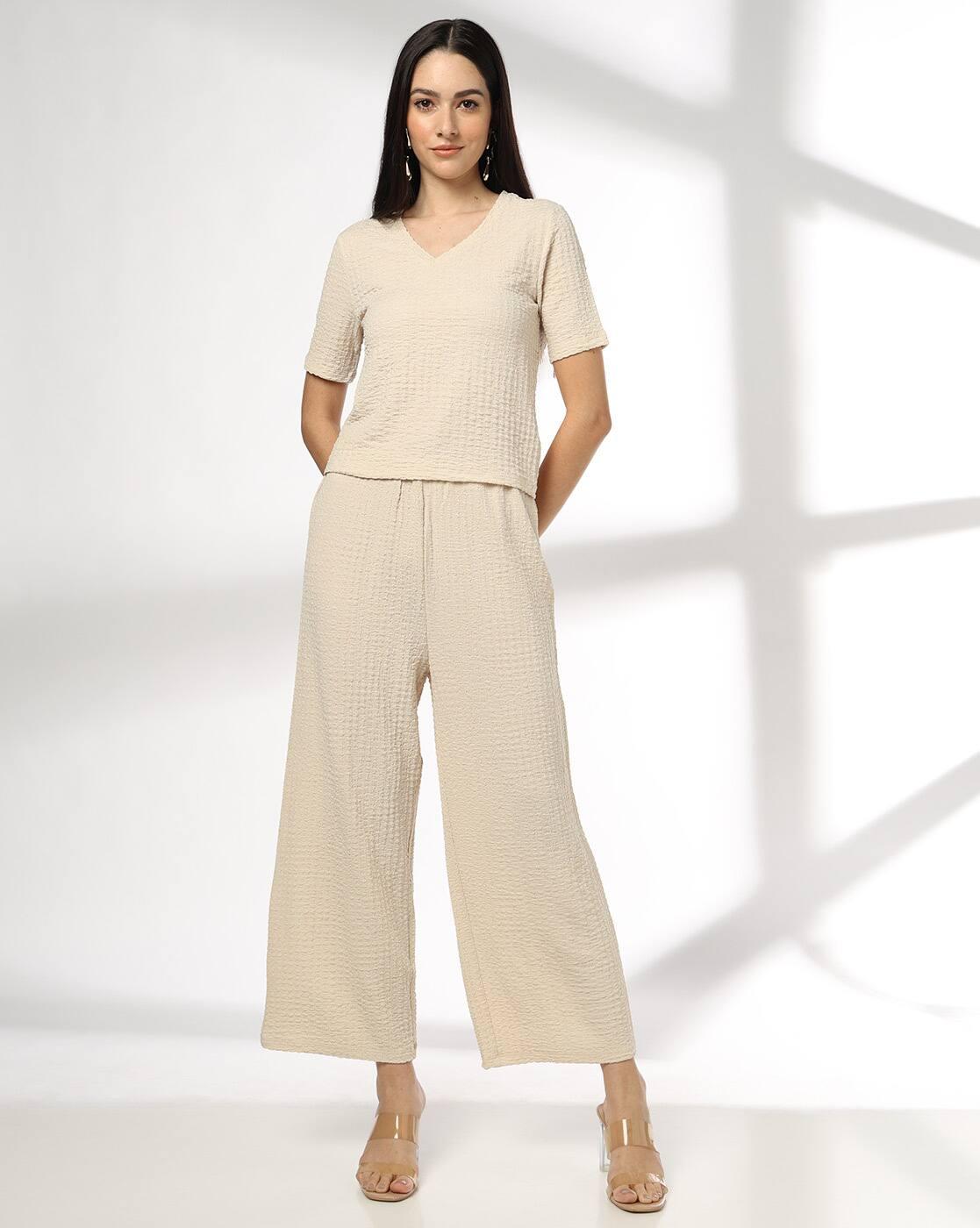 Women V-Neck Top & Cropped Trousers Co-Ord Set
