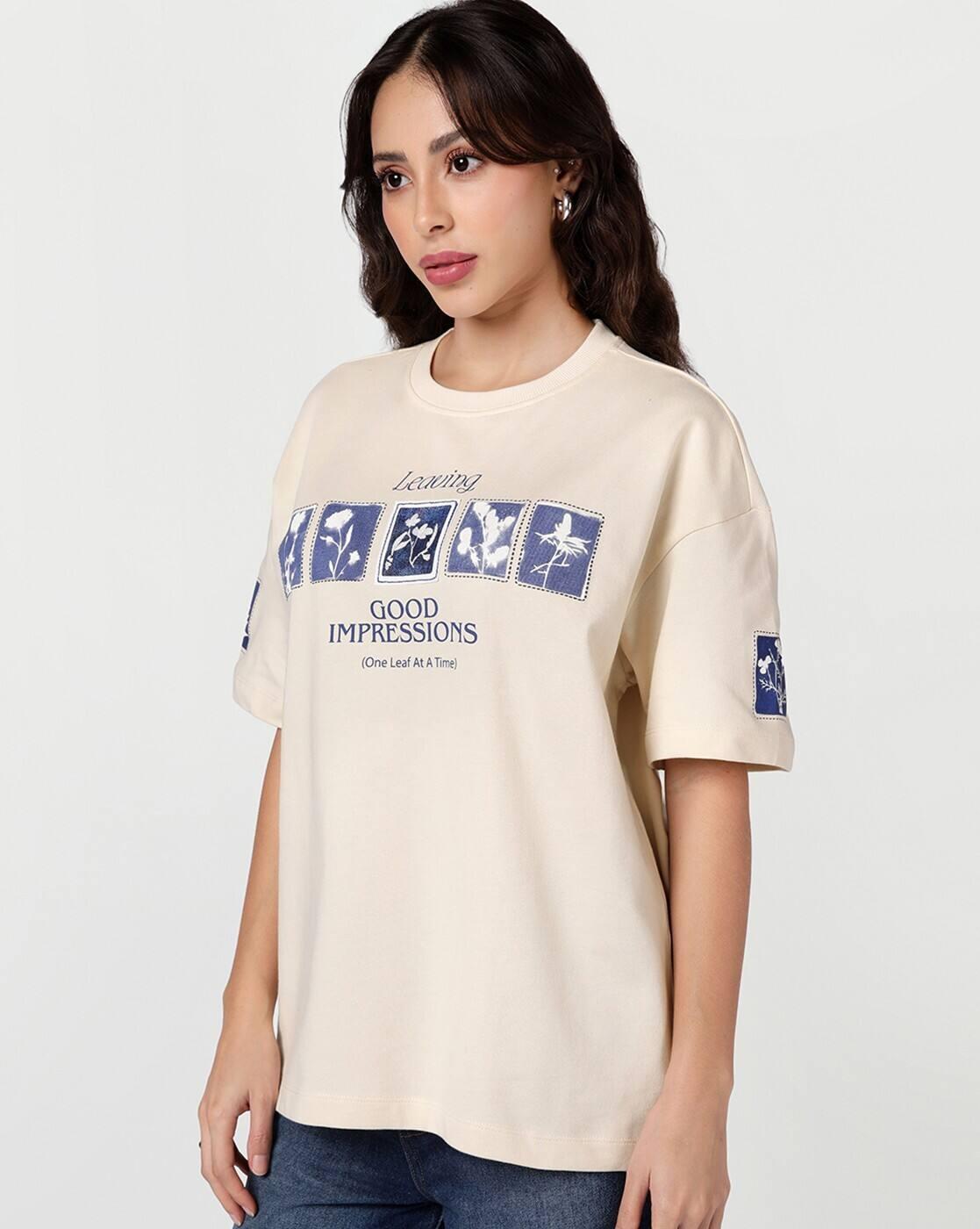 Women Typographic Print Oversized Fit Round-Neck T-Shirt