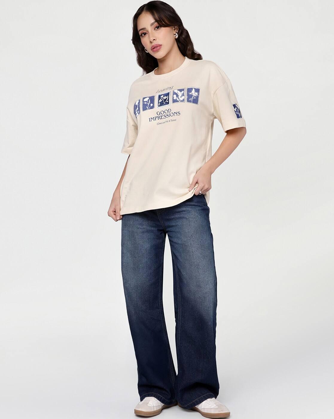 Women Typographic Print Oversized Fit Round-Neck T-Shirt