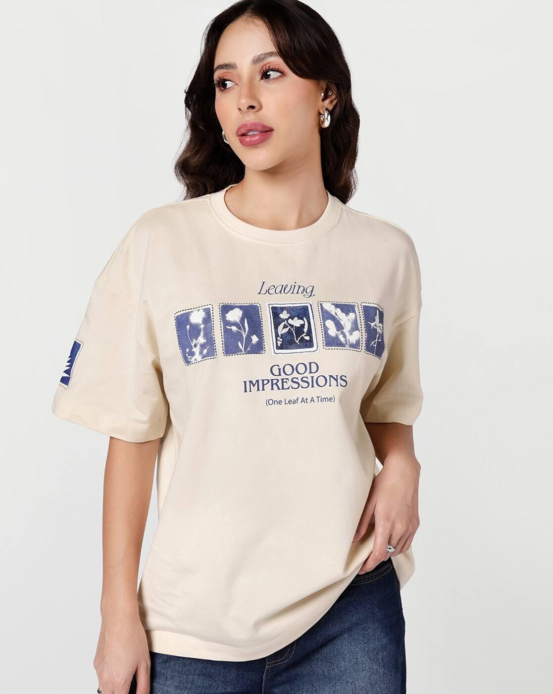 Women Typographic Print Oversized Fit Round-Neck T-Shirt