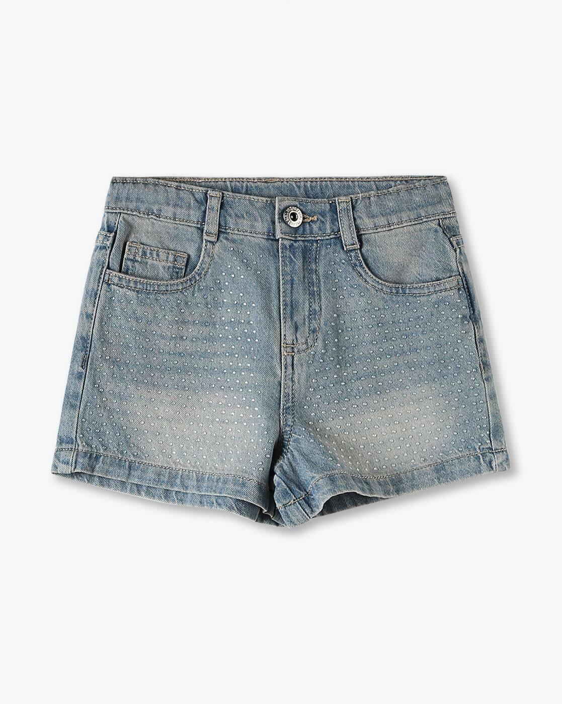 Girls Regular Fit Denim Shorts with Rhinestones