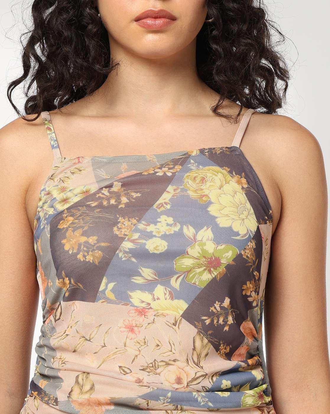 Women Floral Print Strappy Bodycon Dress