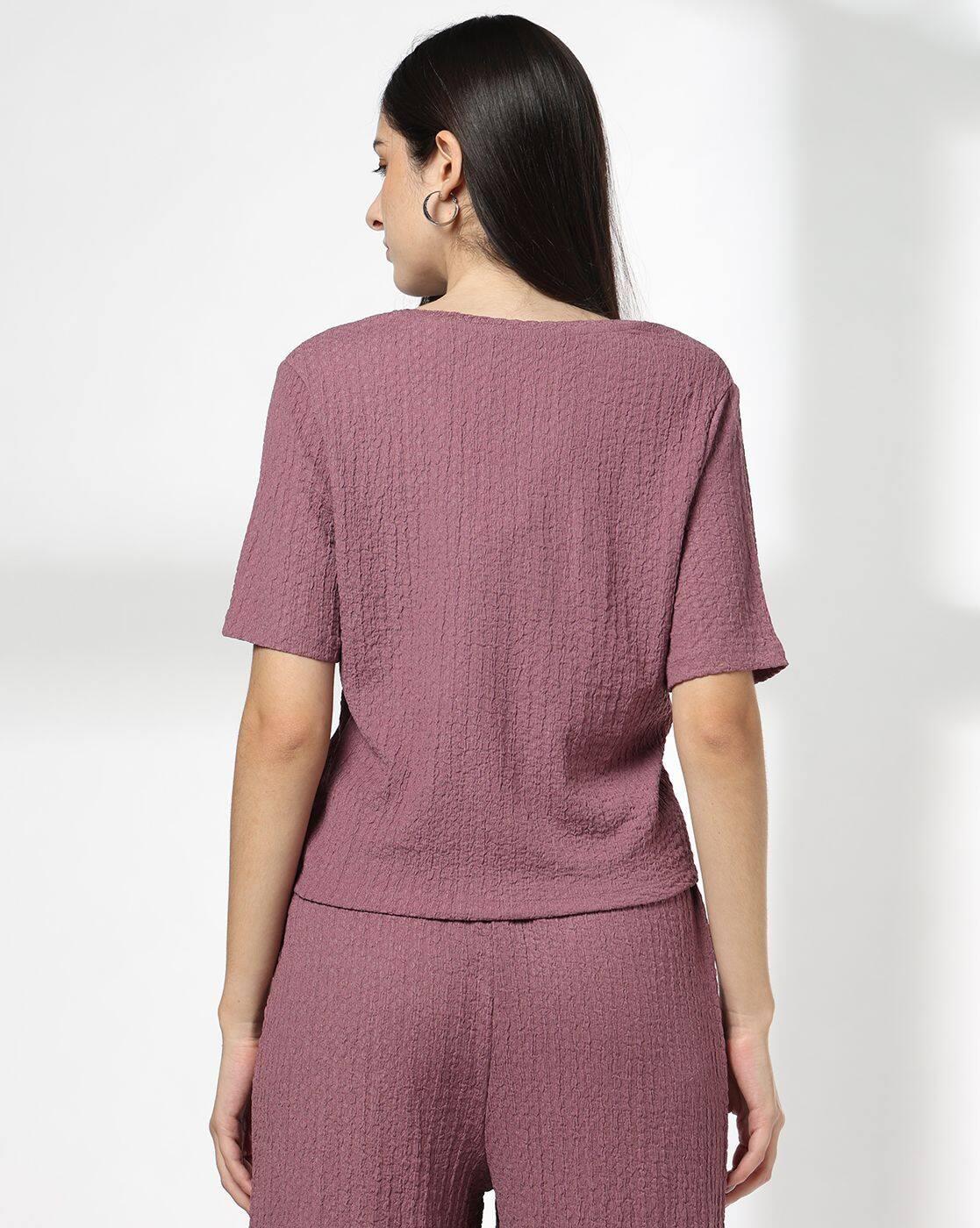 Women Waffle-Knit Regular Fit V-Neck T-Shirt