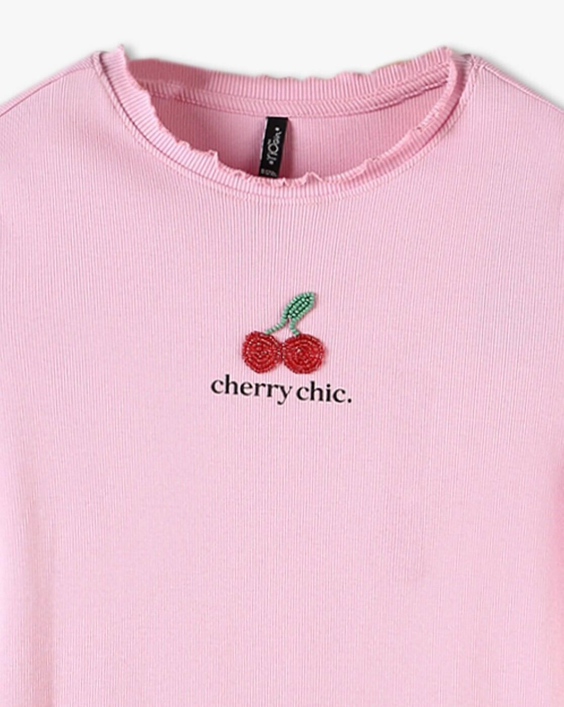 Girls Cherry Chic Print Regular Fit Round-Neck T-Shirt