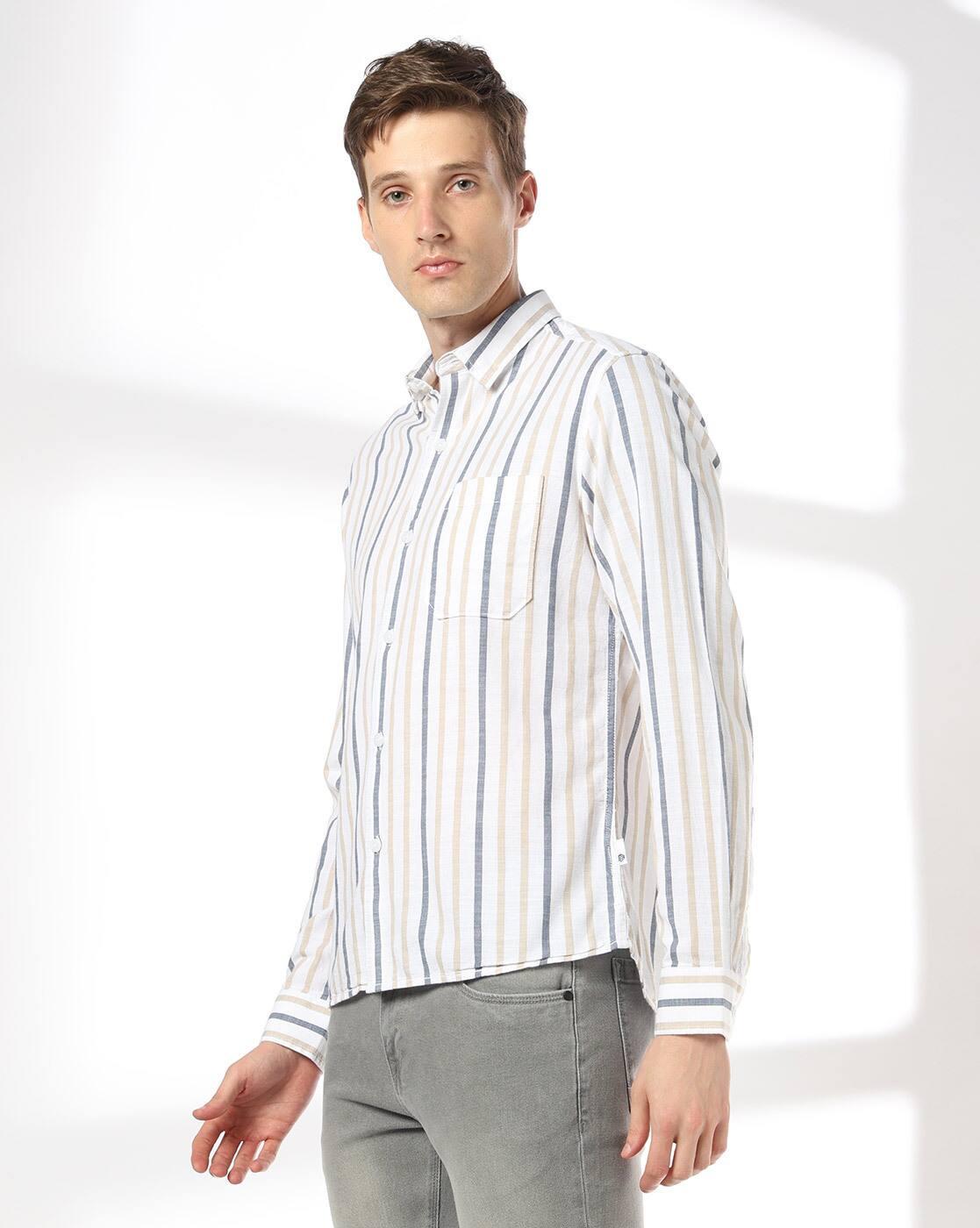 Men Striped Slim Fit Cotton Shirt with Patch Pocket
