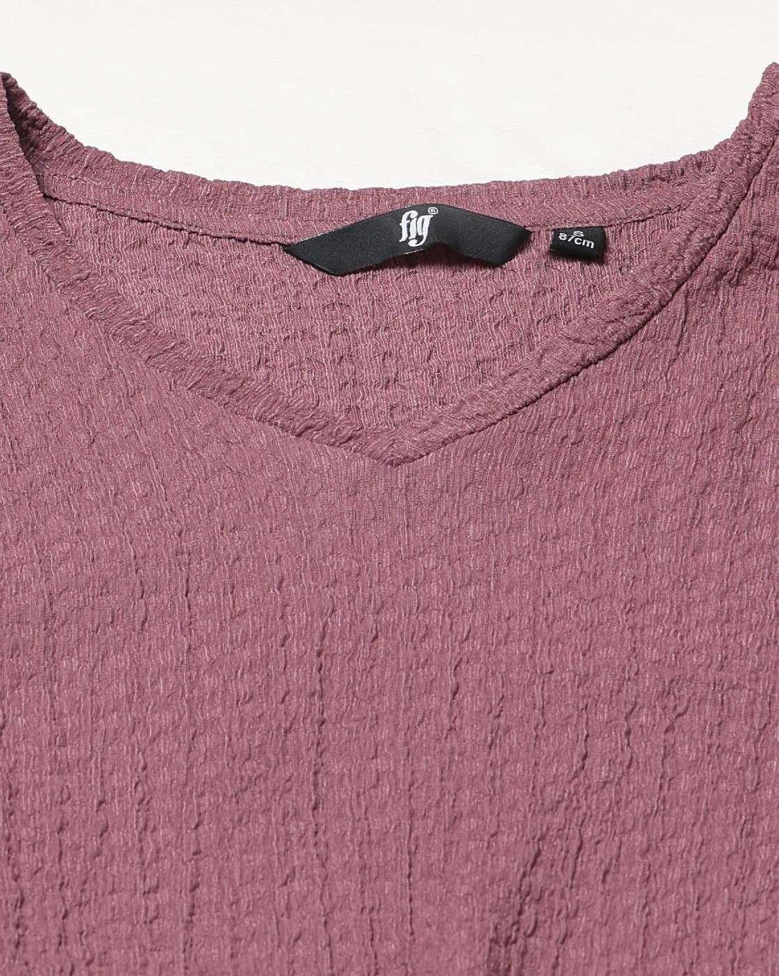 Women Waffle-Knit Regular Fit V-Neck T-Shirt