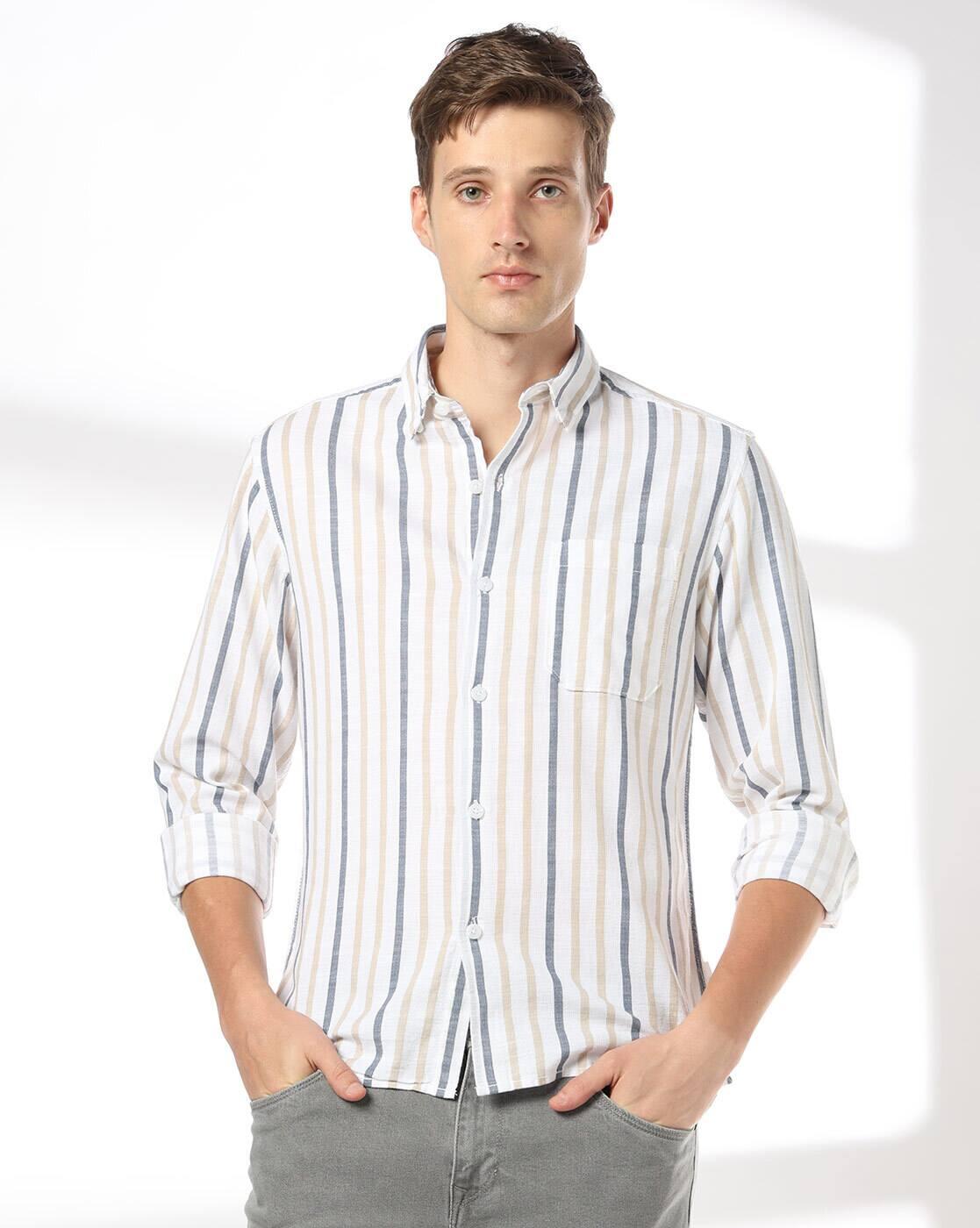 Men Striped Slim Fit Cotton Shirt with Patch Pocket