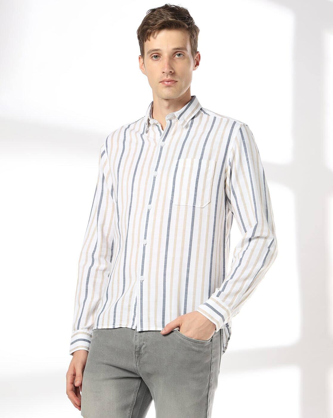 Men Striped Slim Fit Cotton Shirt with Patch Pocket