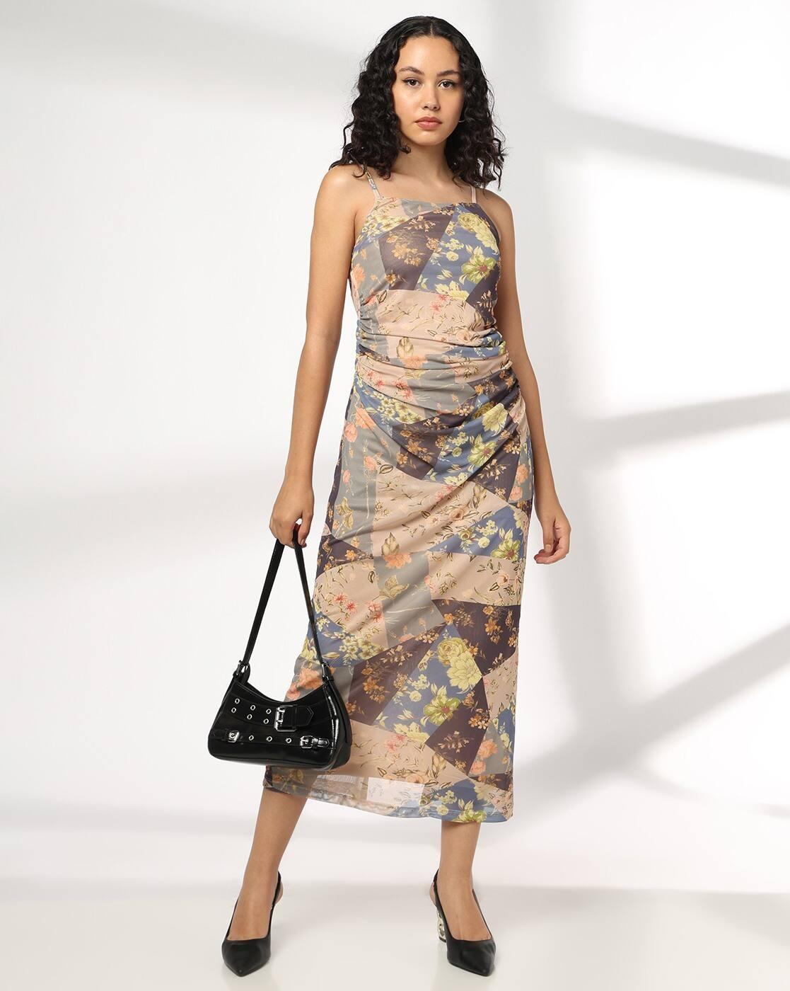 Women Floral Print Strappy Bodycon Dress